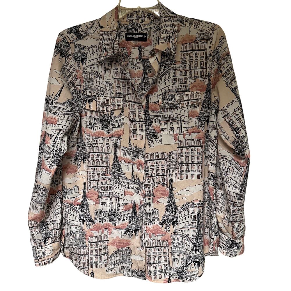 Karl Lagerfield Whimsical Print‎ Collar Pocket Roll-Tab Shirt Dune Pink Small - Picture 3 of 8